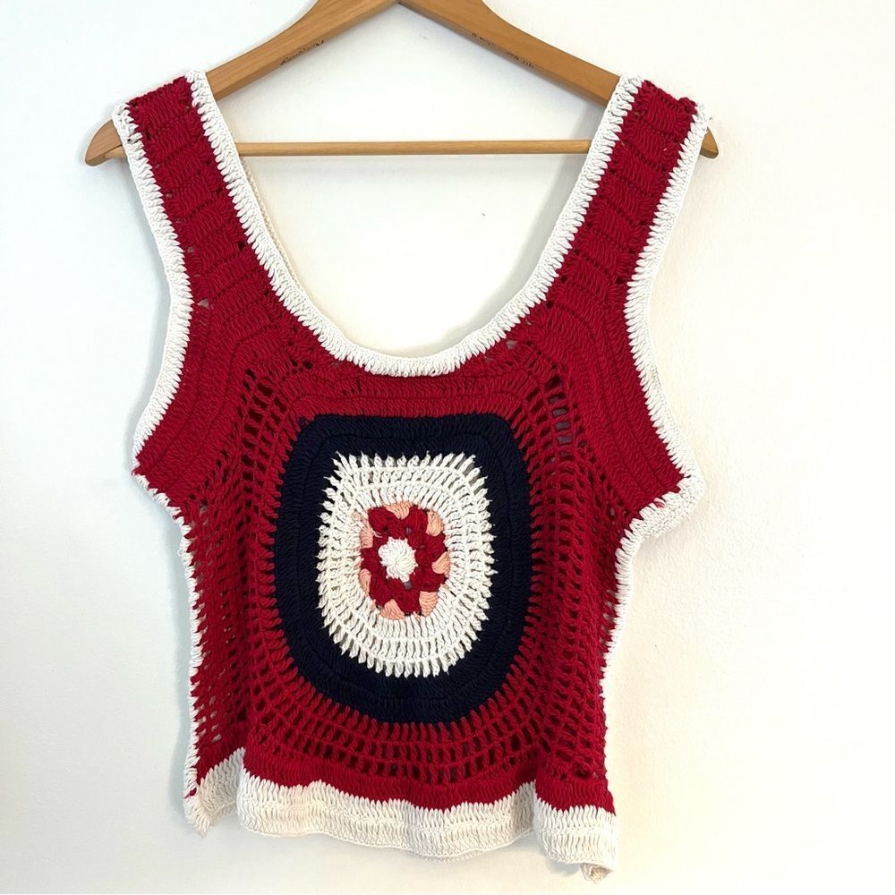 Phluid COTTON CROCHET CROP Tank Top in Red Medium NWT